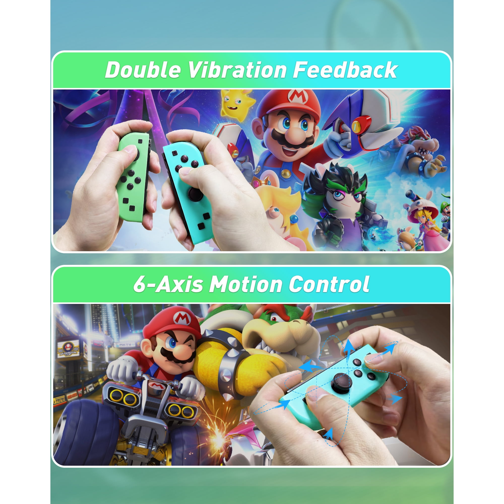 Zwei Bilder von Joy-Cons, grün und türkis, mit Mario-Charakteren und Gameplay.