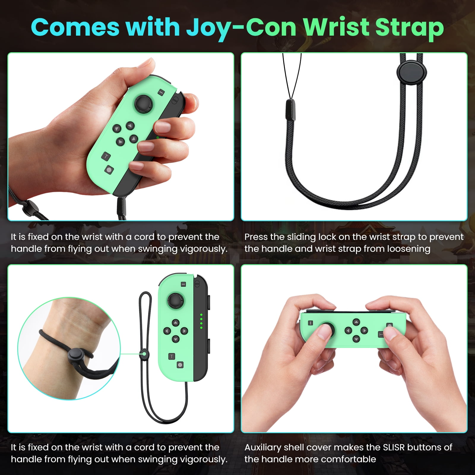 Mehrere Bilder eines grün-schwarzen Nintendo Switch-Controllers mit einer Handschlaufe.