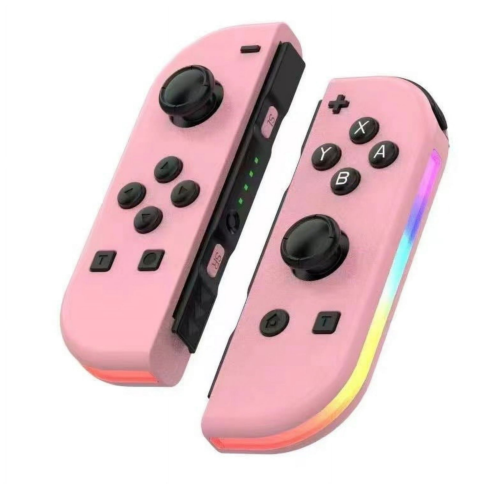 Rosa Nintendo Switch-Controller mit schwarzen Knöpfen. Einer hat Knöpfe, der andere Joystick und Knöpfe.