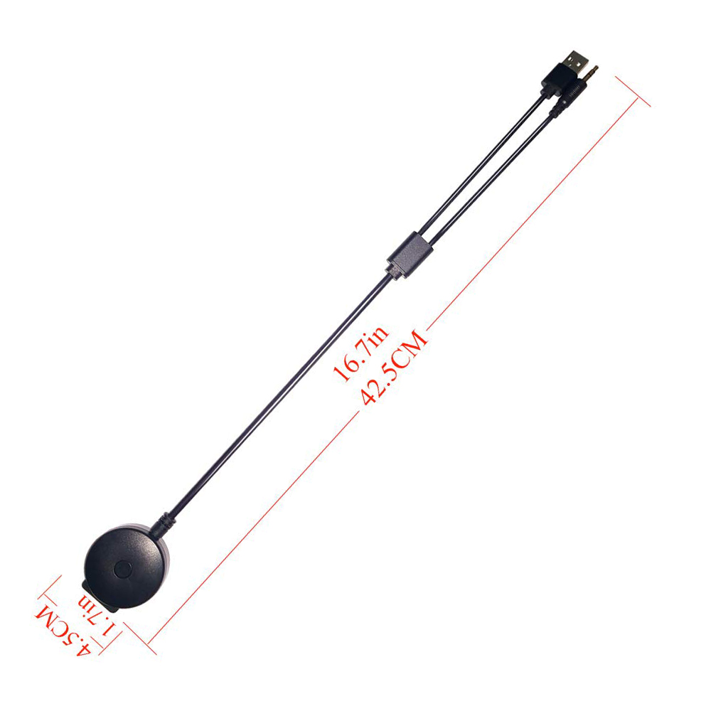 Schwarzes und graues USB-Kabel mit Maßangaben. Es hat ein rundes Ende und zwei USB-Anschlüsse.