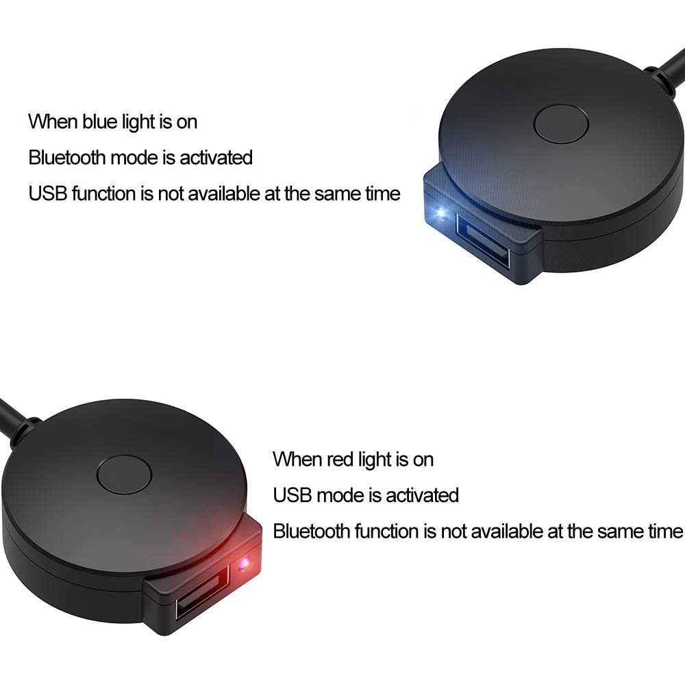 Zwei schwarze USB-Geräte. Eines zeigt blaues Licht und sagt, dass der Bluetooth-Modus aktiviert ist. Das andere rot.