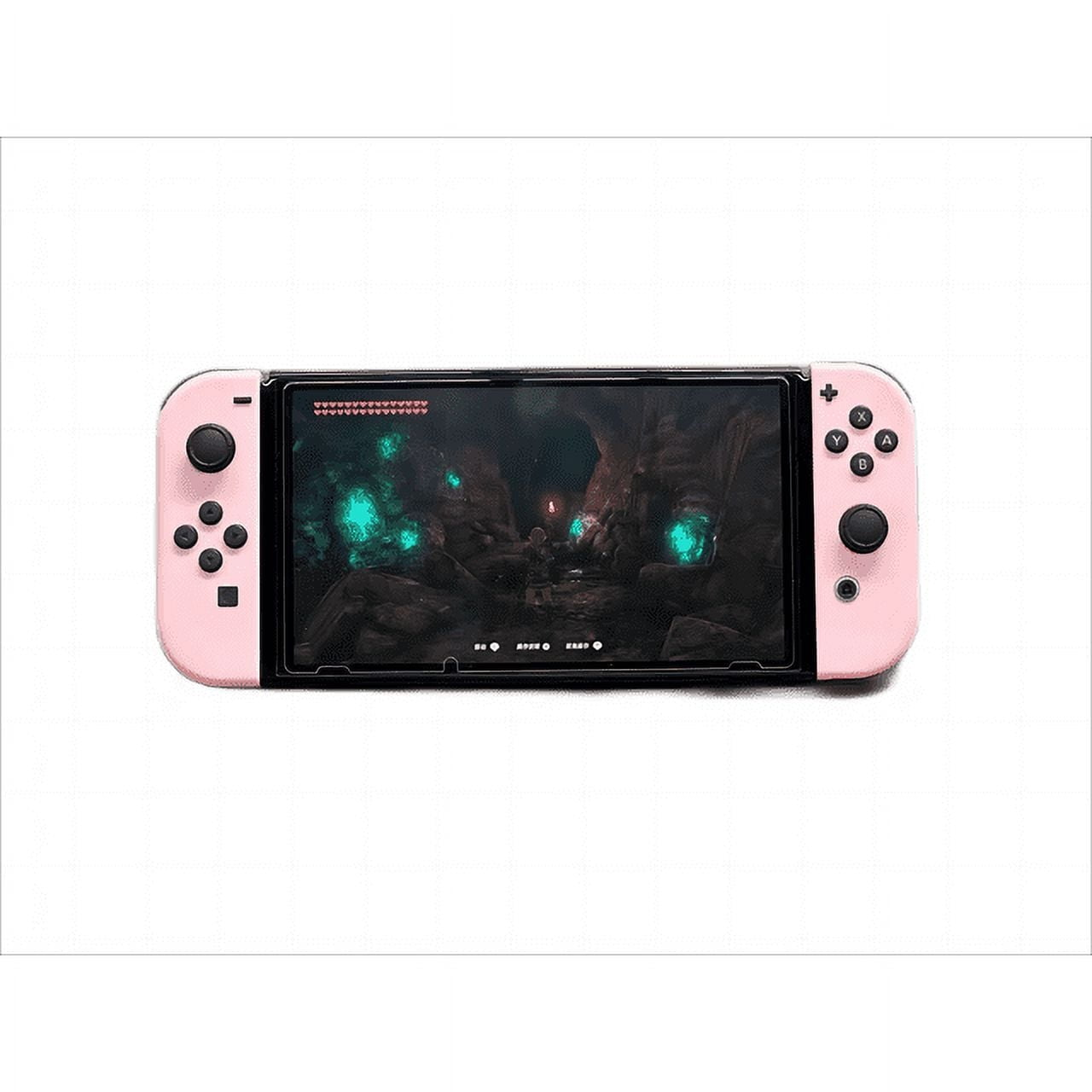 Eine rosa Nintendo Switch-Konsole mit Controllern, die eine Spielszene auf dem Bildschirm anzeigt.