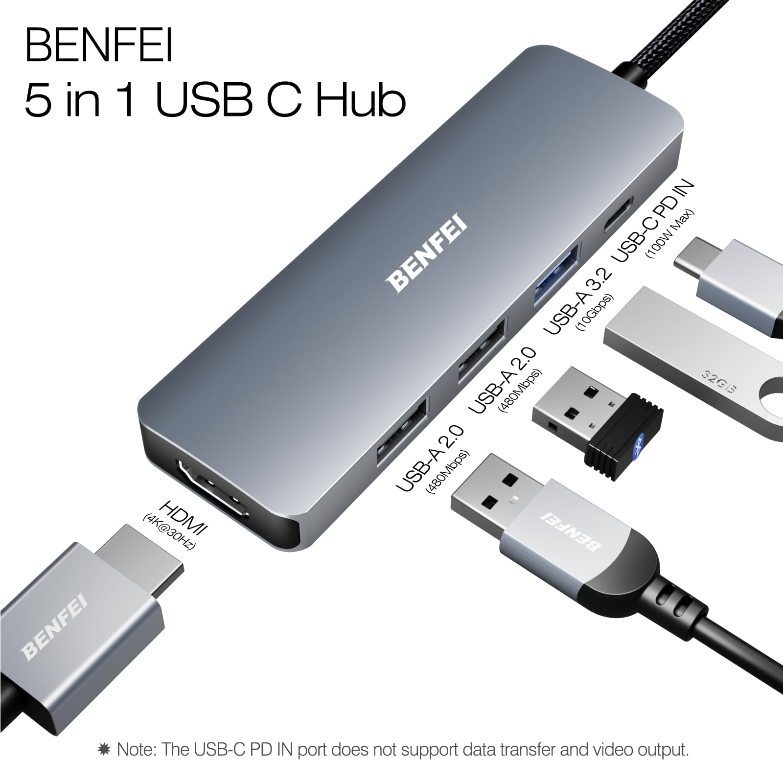 Ein silberner USB-Hub, der mit verschiedenen Geräten verbunden ist, einschließlich USB-Laufwerken.