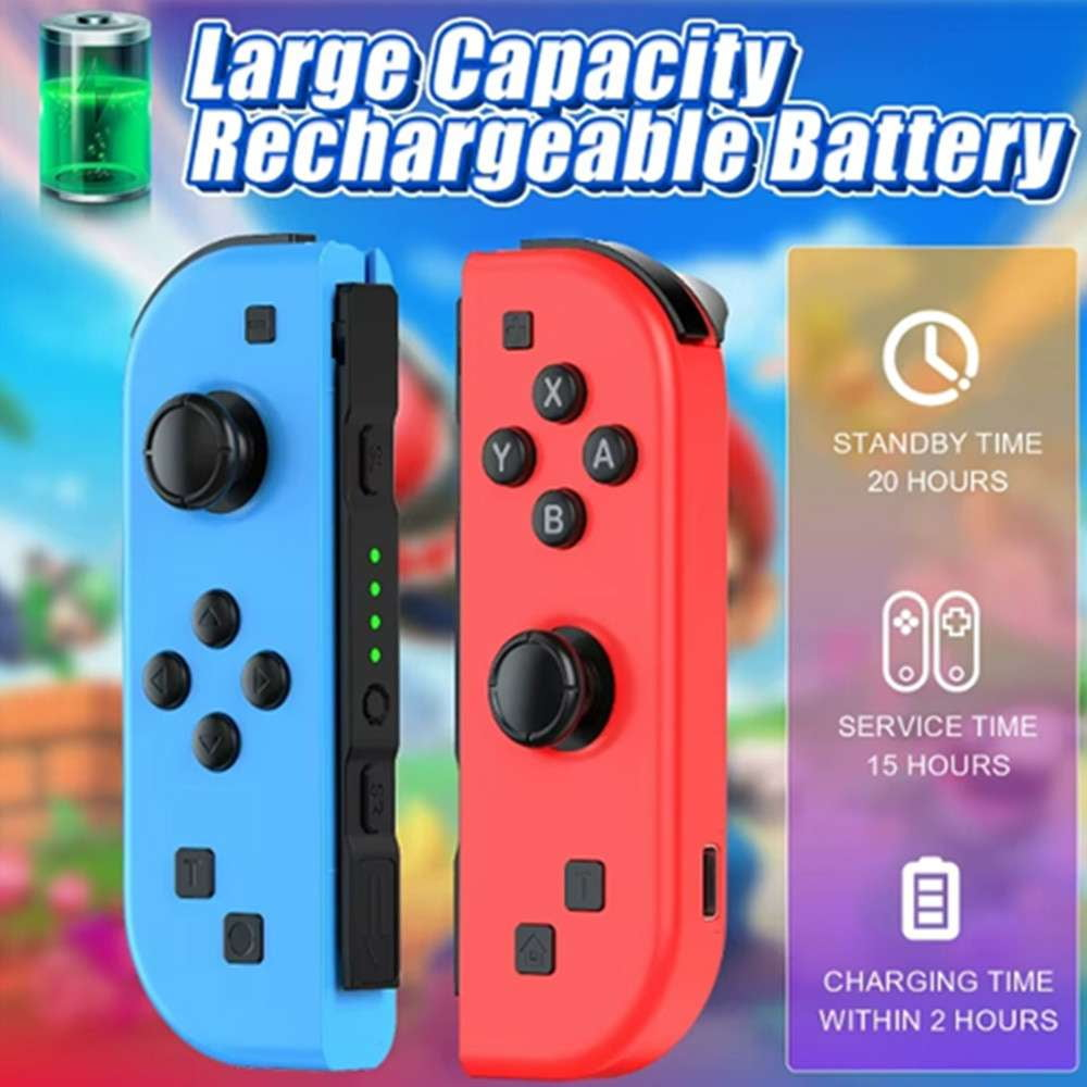 Zwei bunte Gamecontroller, einer blau und einer rot. Text zeigt Standby- und Servicezeitinformationen.