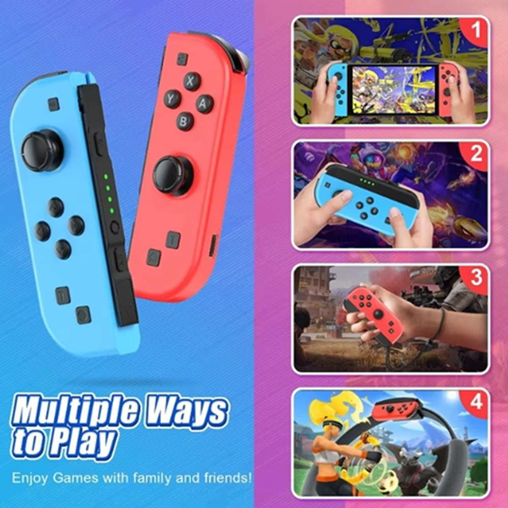 Zwei blaue und rote Gamecontroller. Es gibt vier Bilder, die Spielmöglichkeiten zeigen.