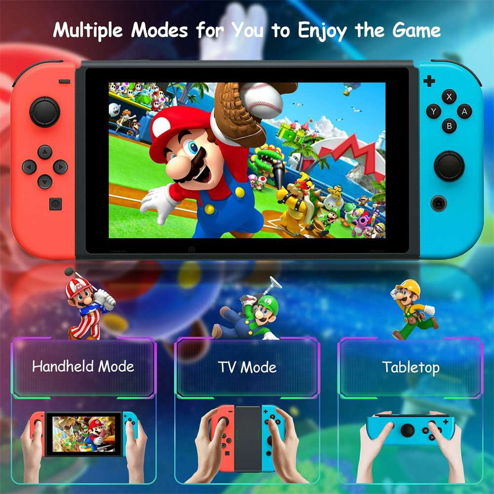 Nintendo Switch mit Mario-Spiel. Zeigt die Konsole in verschiedenen Modi: Handheld, TV und Tabletop.