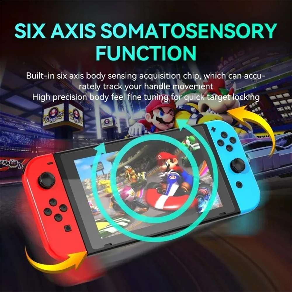 Nintendo Switch mit Mario-Charakteren auf dem Bildschirm und Joy-Cons. Das Bild hat Text.
