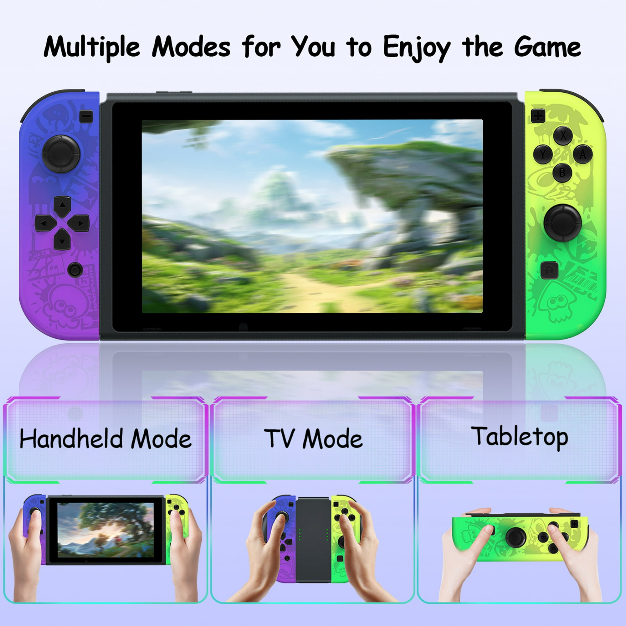 Eine Nintendo Switch mit bunten Controllern, die Handheld-, TV- und Tischmodi zeigt.