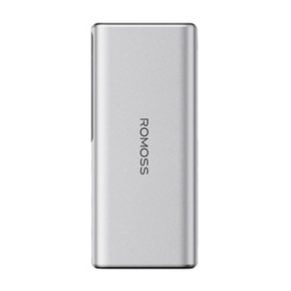 Eine silberne Powerbank mit dem Wort 'ROMOSS' darauf.