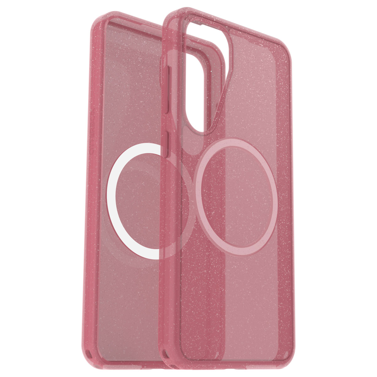 Roze glitter telefoonhoes met een wit cirkelontwerp. De hoes ligt op een wit oppervlak.
