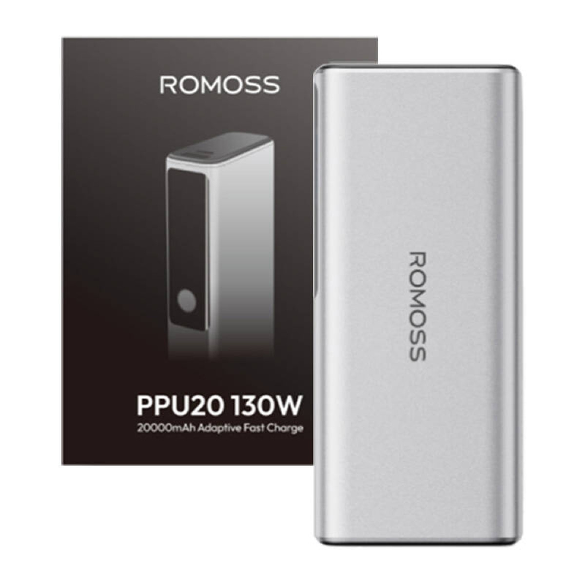 Eine silberne Powerbank und ihre Verpackung. Die Verpackung zeigt die Marke 'ROMOSS' und die Infos der Powerbank.