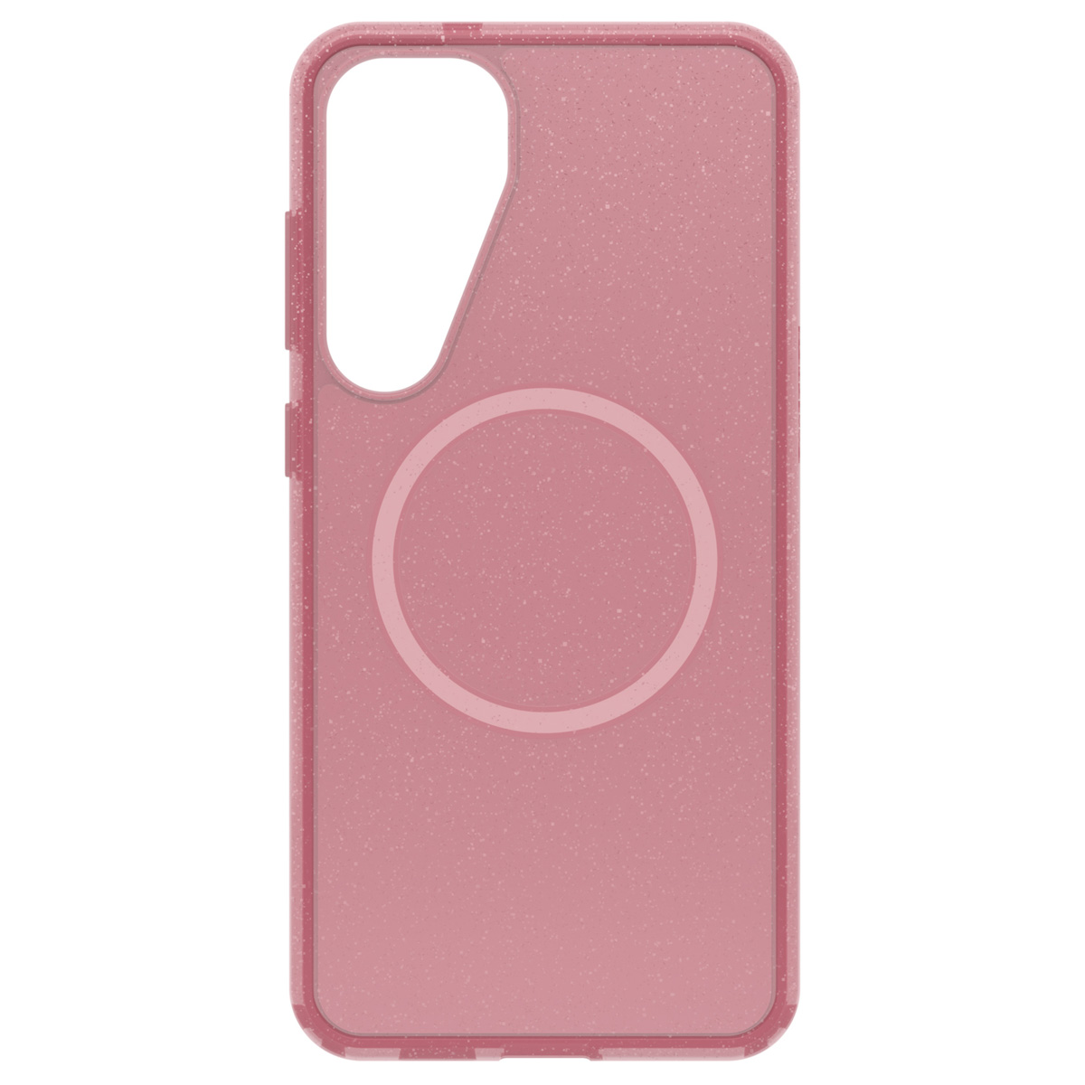 Roze telefoonhoesje met een cirkel in het midden. Witte achtergrond.