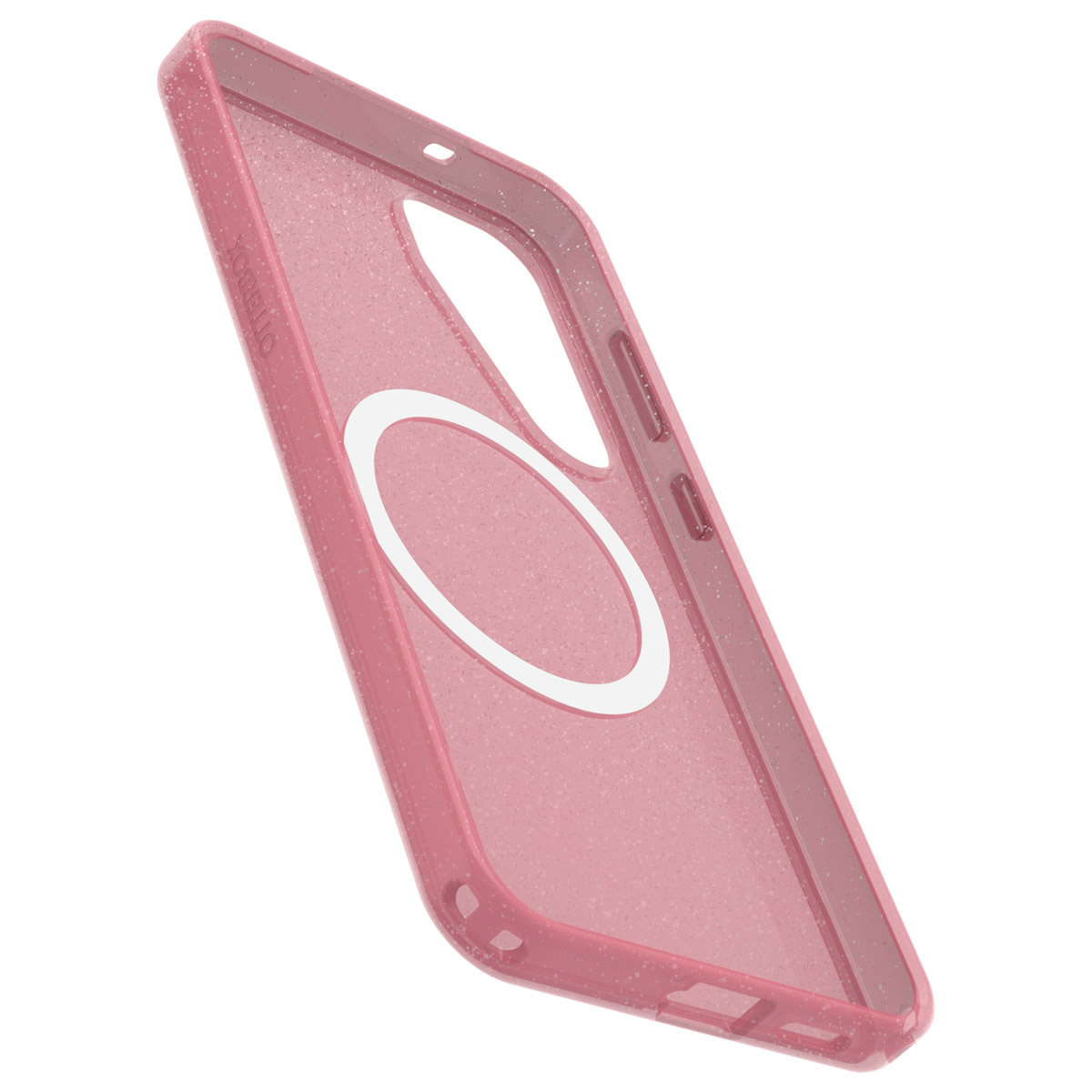 Roze telefoonhoes met een witte ring. De hoes heeft een transparante achterkant.