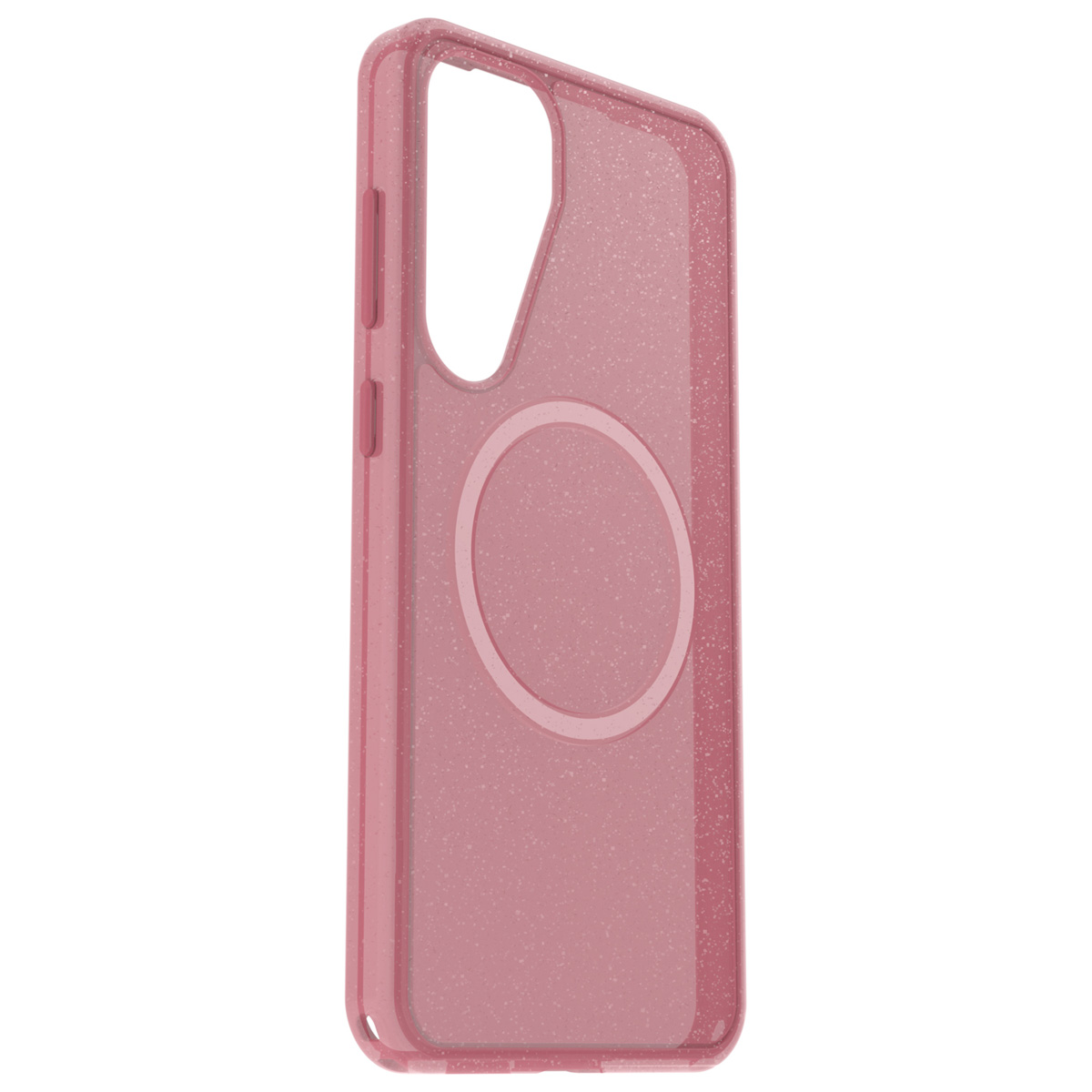 Roze glitter telefoonhoesje met een cirkel voor een magnetische ring en een rand van de hoes.