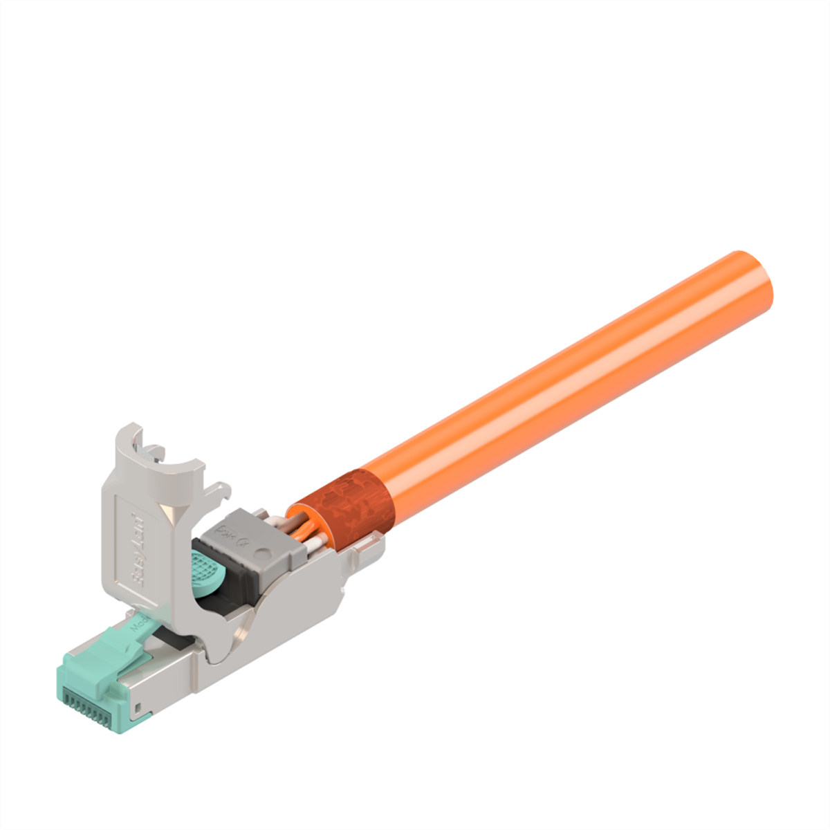 Ein orangefarbenes Kabel mit einem Stecker und einem silbernen und türkisfarbenen Anschluss. Das Ende des Kabels ist freigelegt.