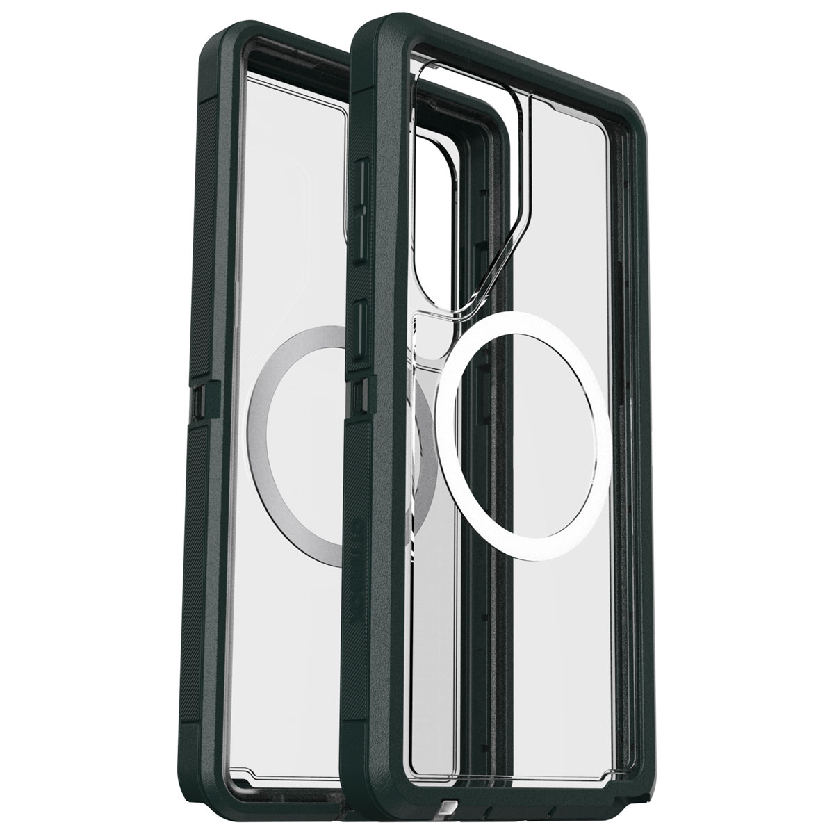 Zwarte en doorzichtige telefoonhoes. De hoes heeft een doorzichtige achterkant. Geen telefoon.