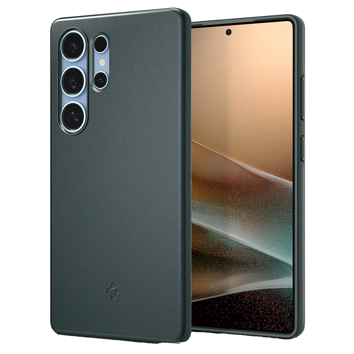 Een donkergroene telefoonhoes met meerdere camera-uitsparingen, met de cameramodule van een telefoon.