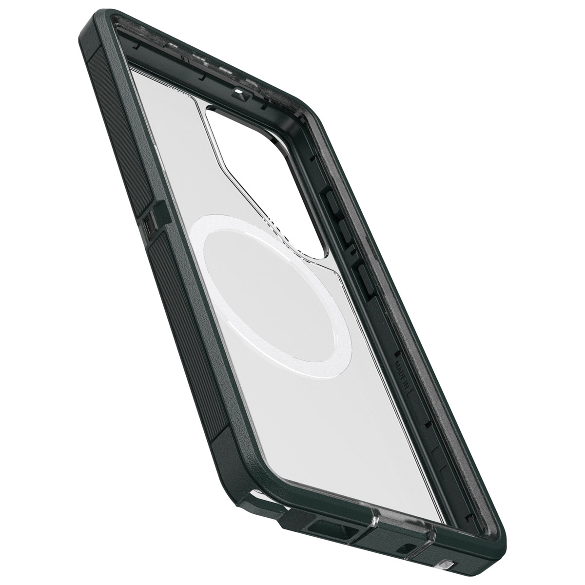 Zwarte en doorzichtige telefoonhoes, schuin, zijkant en achterkant tonend, met cirkelvormig detail.