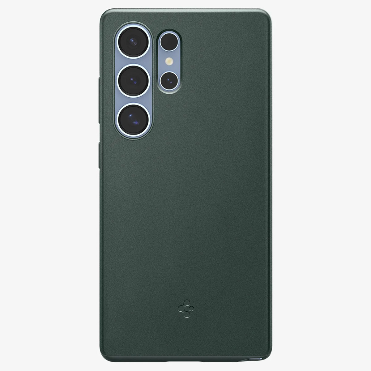 Groene telefoonhoes met camera-uitsparingen. De hoes staat op een witte achtergrond.