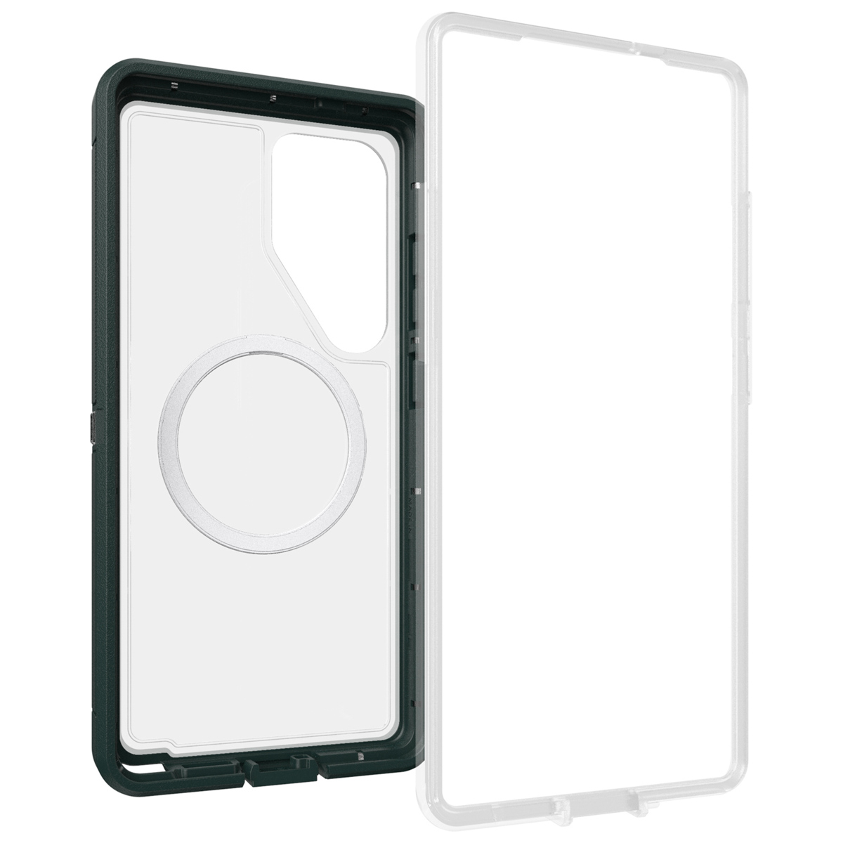 Telefoonhoesje met een ingebouwde standaard. De hoes is zwart, witte achtergrond. De telefoon is niet bevestigd.
