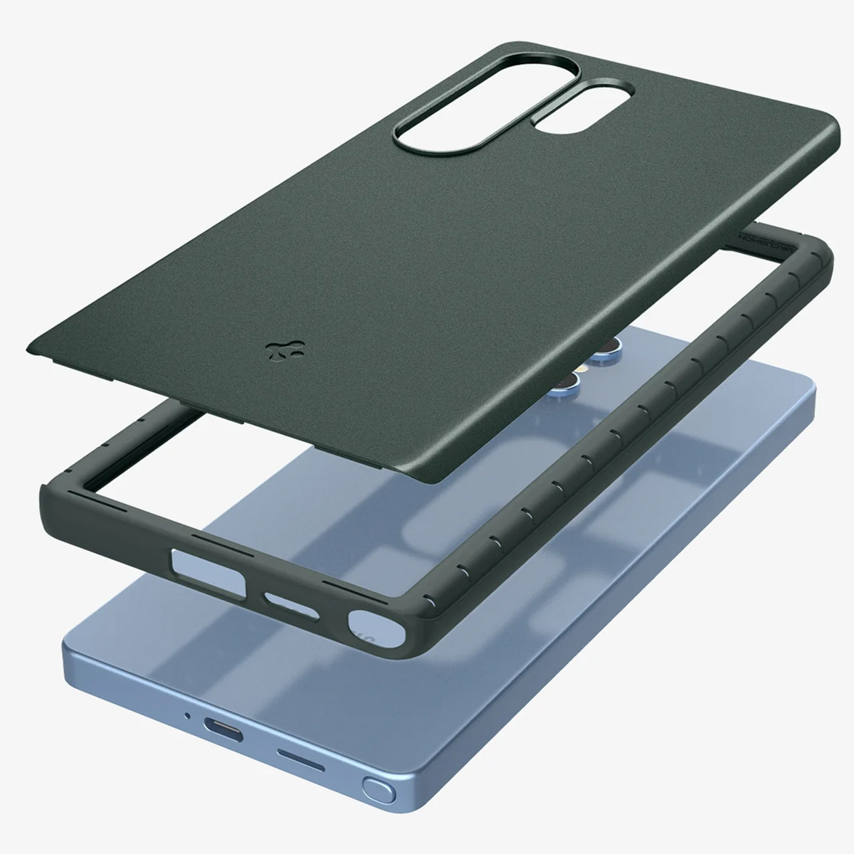 Telefoonhoes met groene bovenkant en grijze frame, explosie-aanzicht. De telefoon zit ertussen. De hoes heeft openingen voor de telefoon.