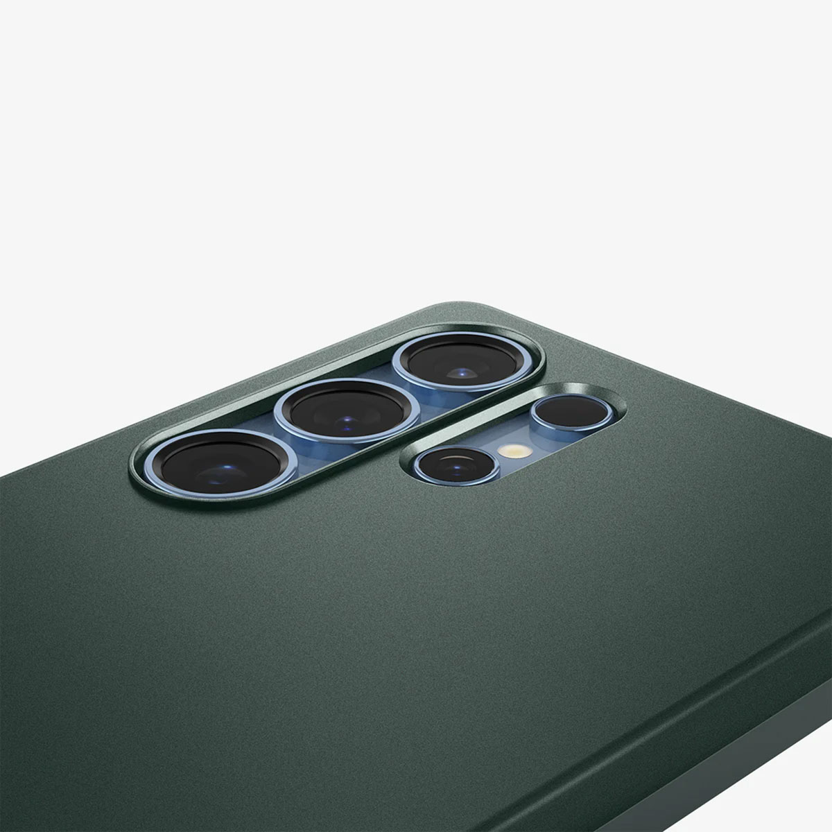 Groene telefoonhoes met drie cameralenzen en een kleinere. Witte achtergrond.