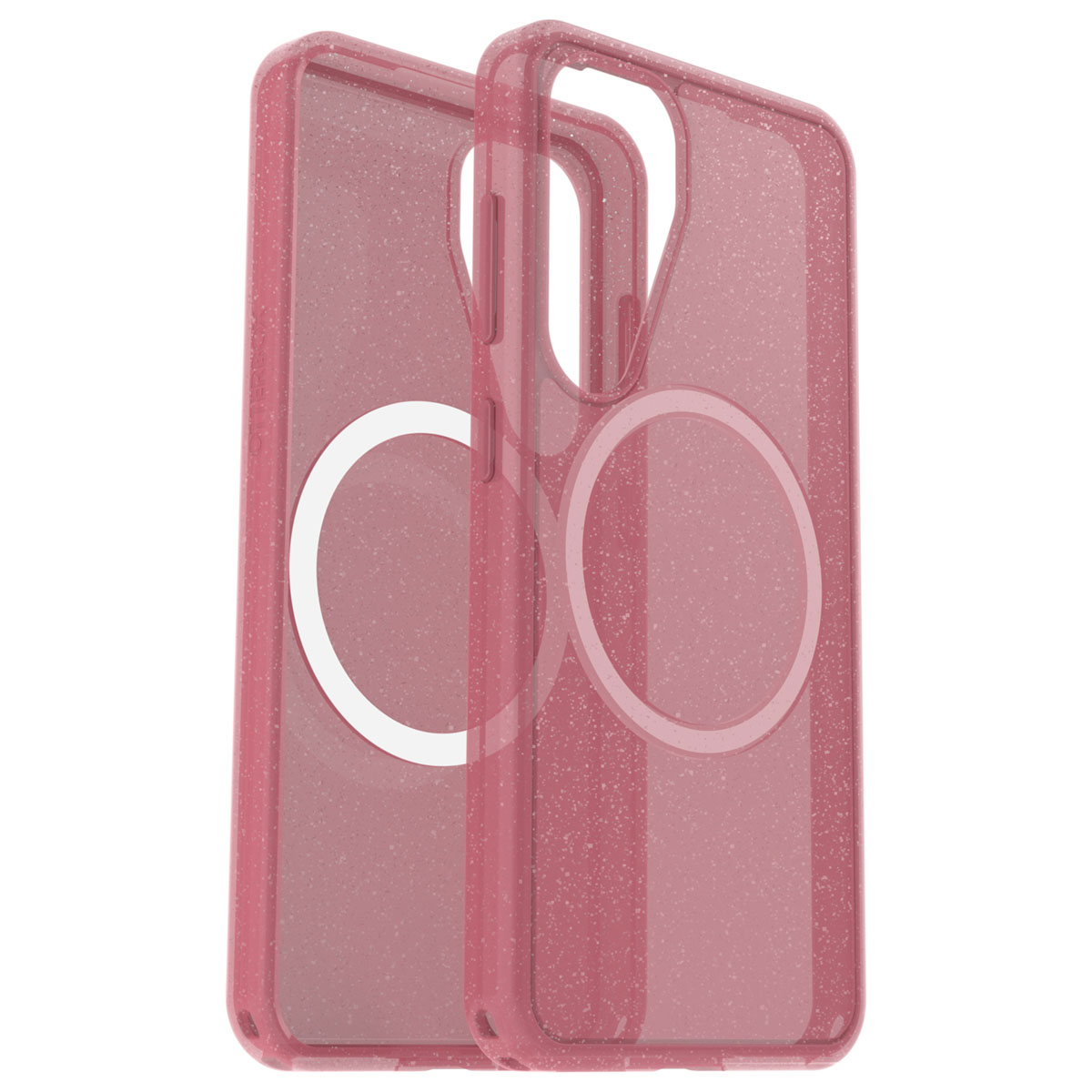 Twee roze transparante telefoonhoesjes, met doorzichtige achterkanten en cirkelvormige MagSafe-ringen, naast elkaar.