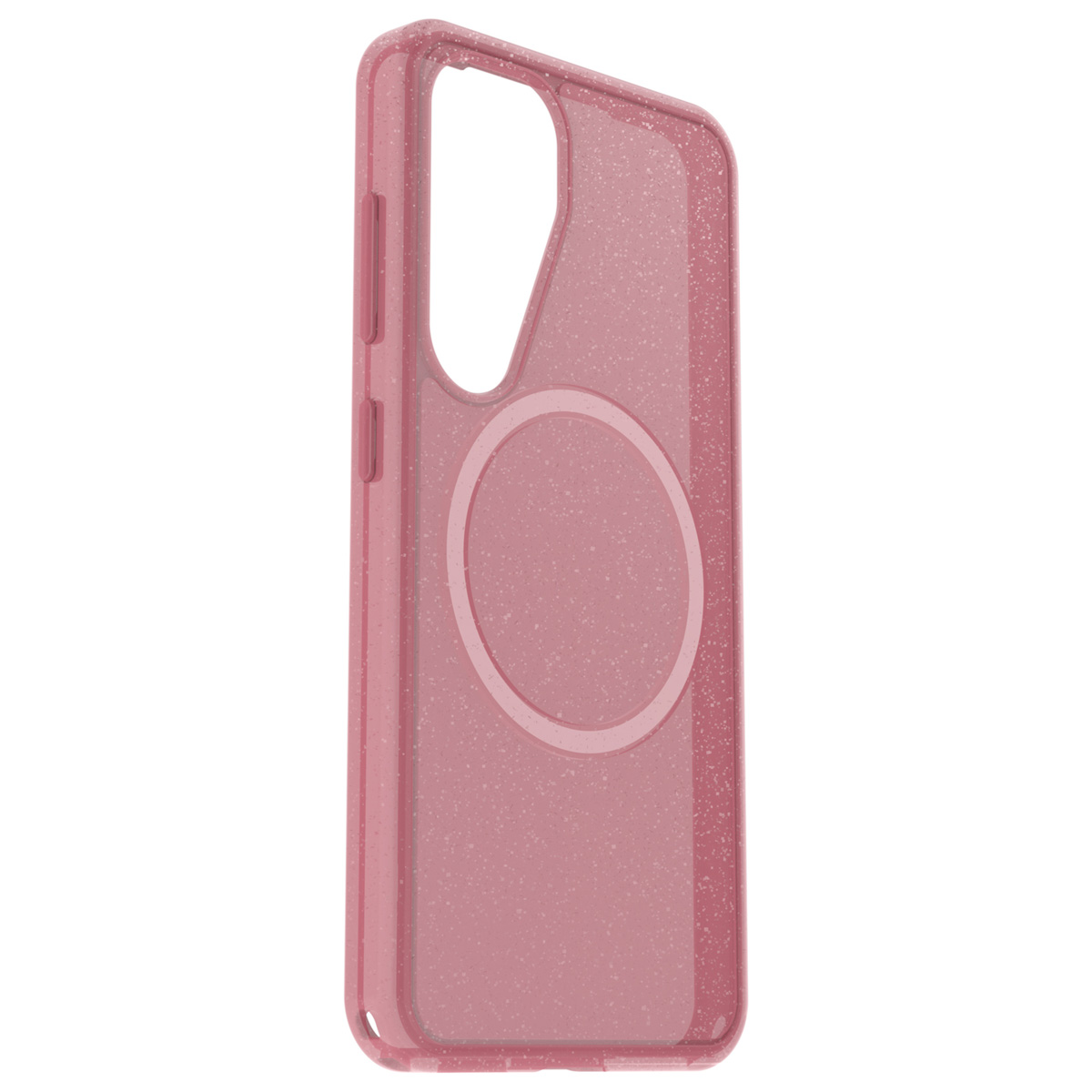 Roze telefoonhoes met een cirkel en glitter design. Heeft openingen voor camera en knoppen. De achtergrond is wit.