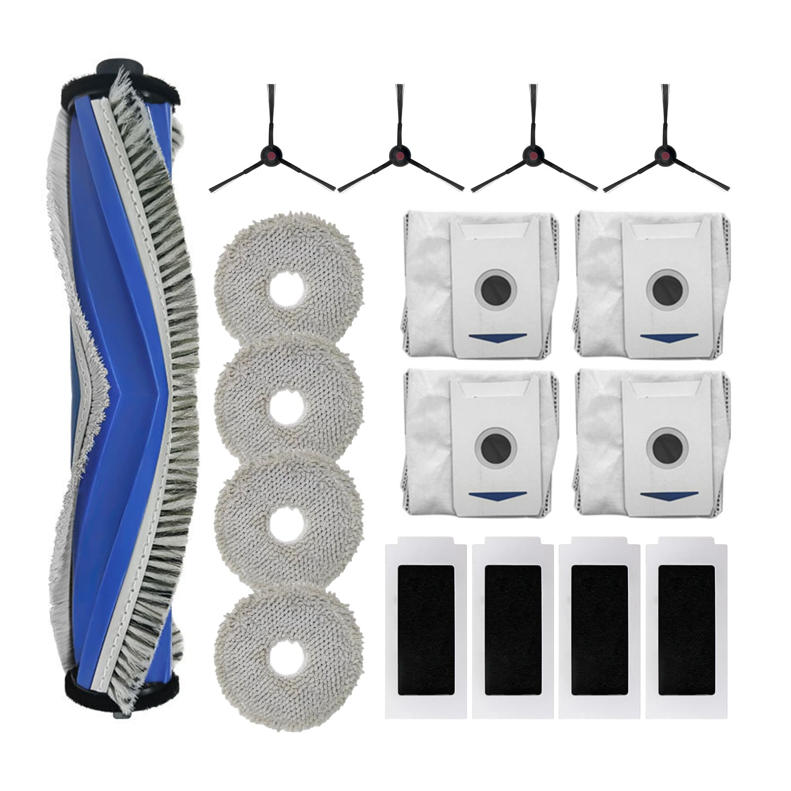 Roboter-Staubsauger-Teile: Bürste, Pads, Filter und Beutel. Weißer Hintergrund.