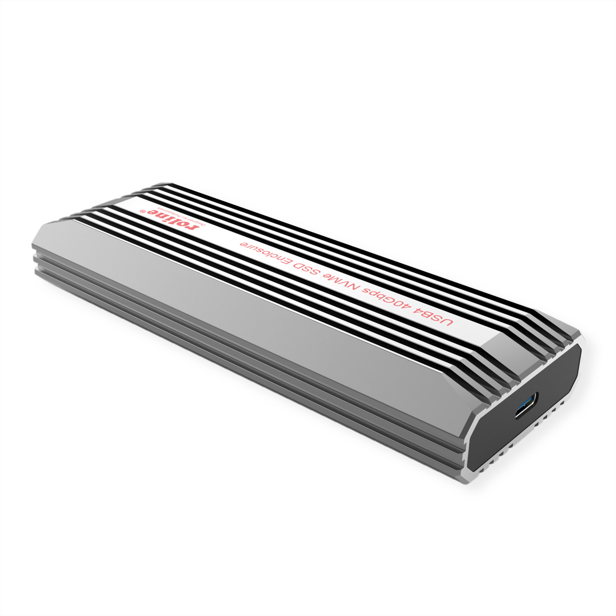 Un alloggiamento SSD argentato con linee nere. Le parole "USB4 40Gbps NVMe SSD Enclosure" sono scritte sopra.