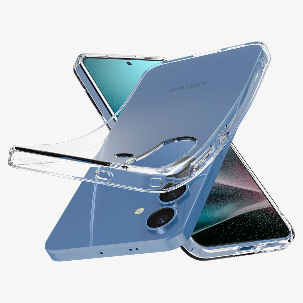 Coque transparente avec un téléphone bleu à l'intérieur, sur fond blanc.