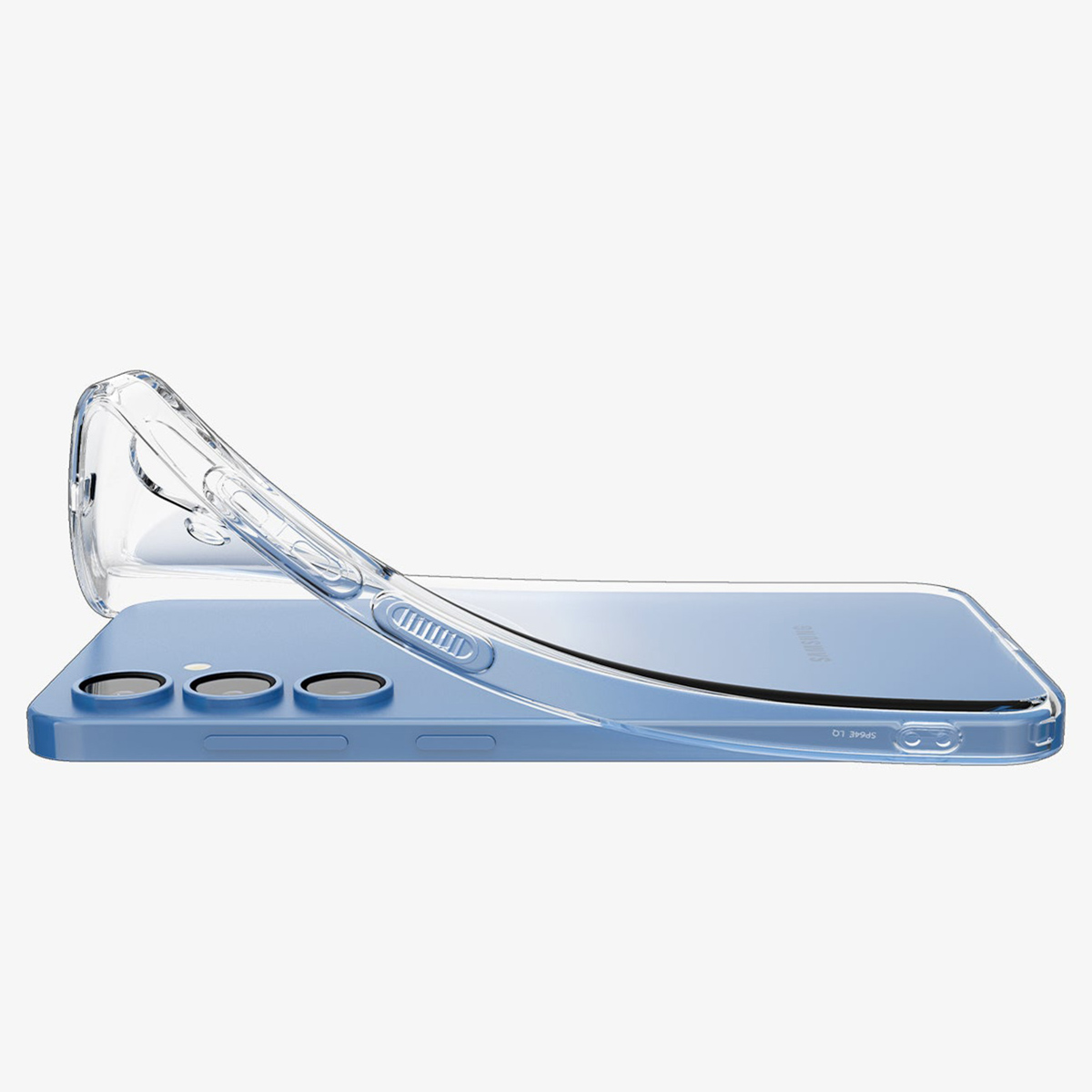 Coque transparente sur téléphone bleu. Coque incurvée, avec trous pour caméra.