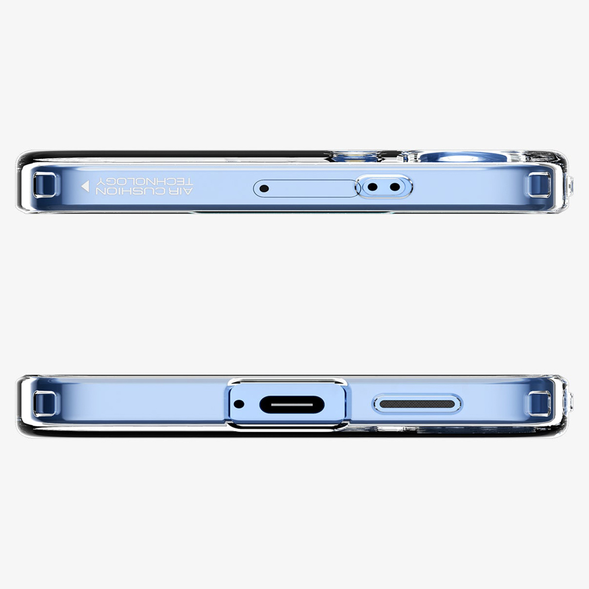 Deux coques de téléphone, haut et bas, transparentes avec des accents bleu clair et le texte: technologie coussin d'air.