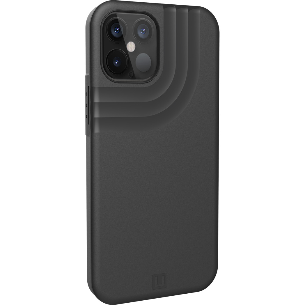 Schwarze Handyhülle mit drei vertikalen Rippen, für ein Telefon entworfen. Der Koffer ist schwarz und minimalistisch.