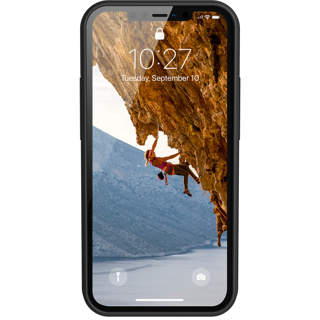 Schwarzes Smartphone, das einen Kletterer an einer Klippe zeigt. Schwarzes Gehäuse.