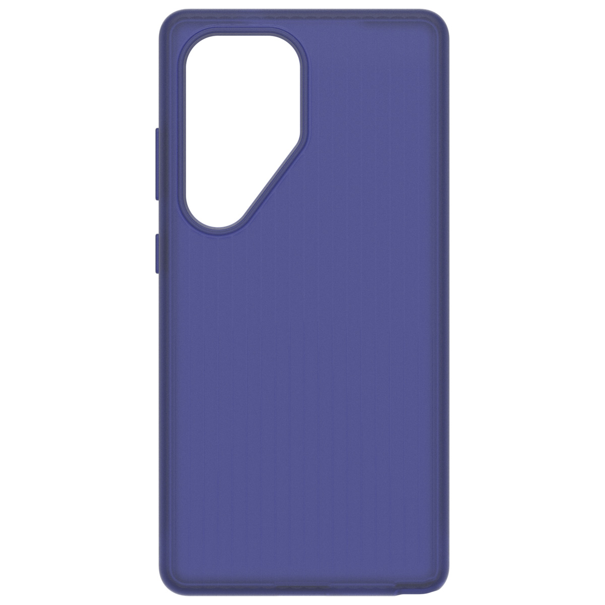 Custodia per telefono blu con aperture per la fotocamera e i pulsanti. La custodia ha un design strutturato. Lo sfondo è bianco.