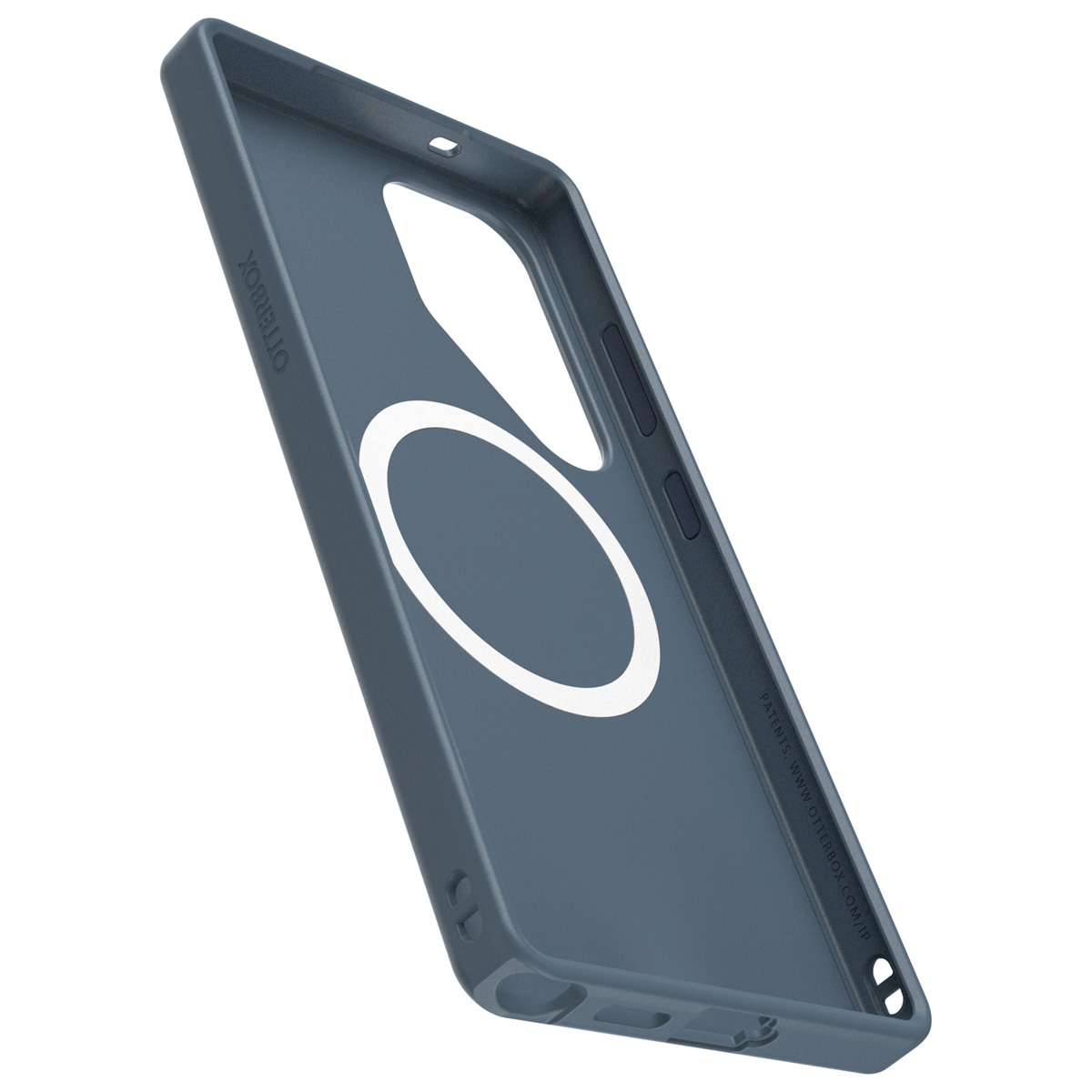 Blauwe telefoonhoes met een witte cirkel binnenin.