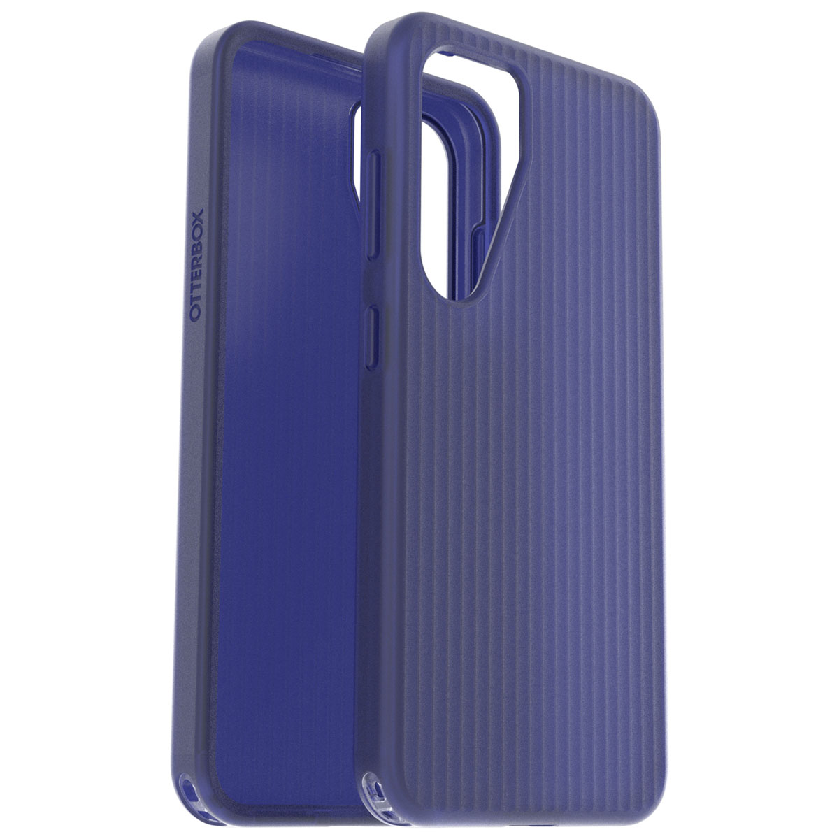 Twee telefoonhoesjes, blauw en donkerblauw. Eén heeft getextureerde lijnen, de ander een glad interieur.