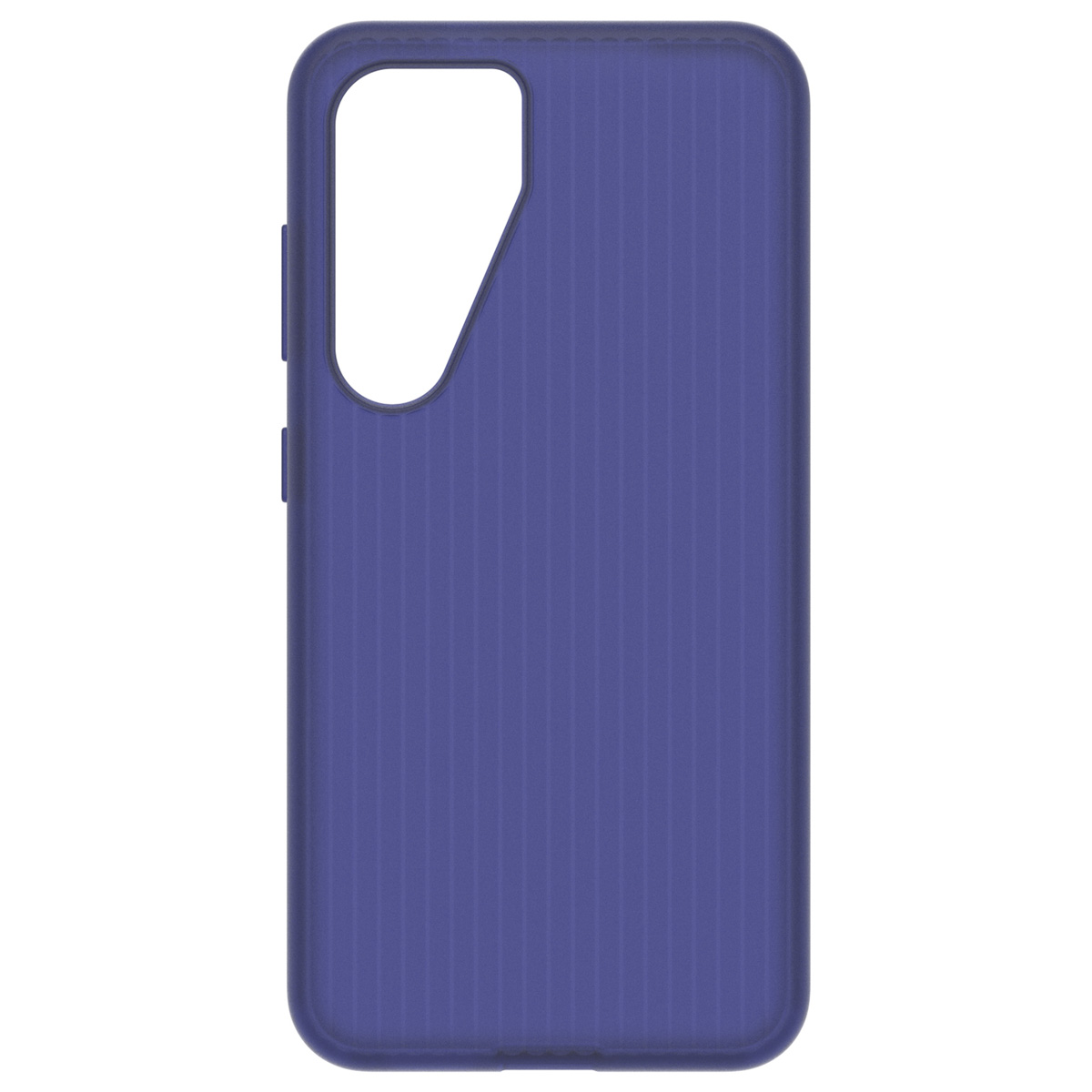Blauw telefoonhoesje. De camera-uitsparing is zichtbaar en de hoes heeft verticale lijnen.