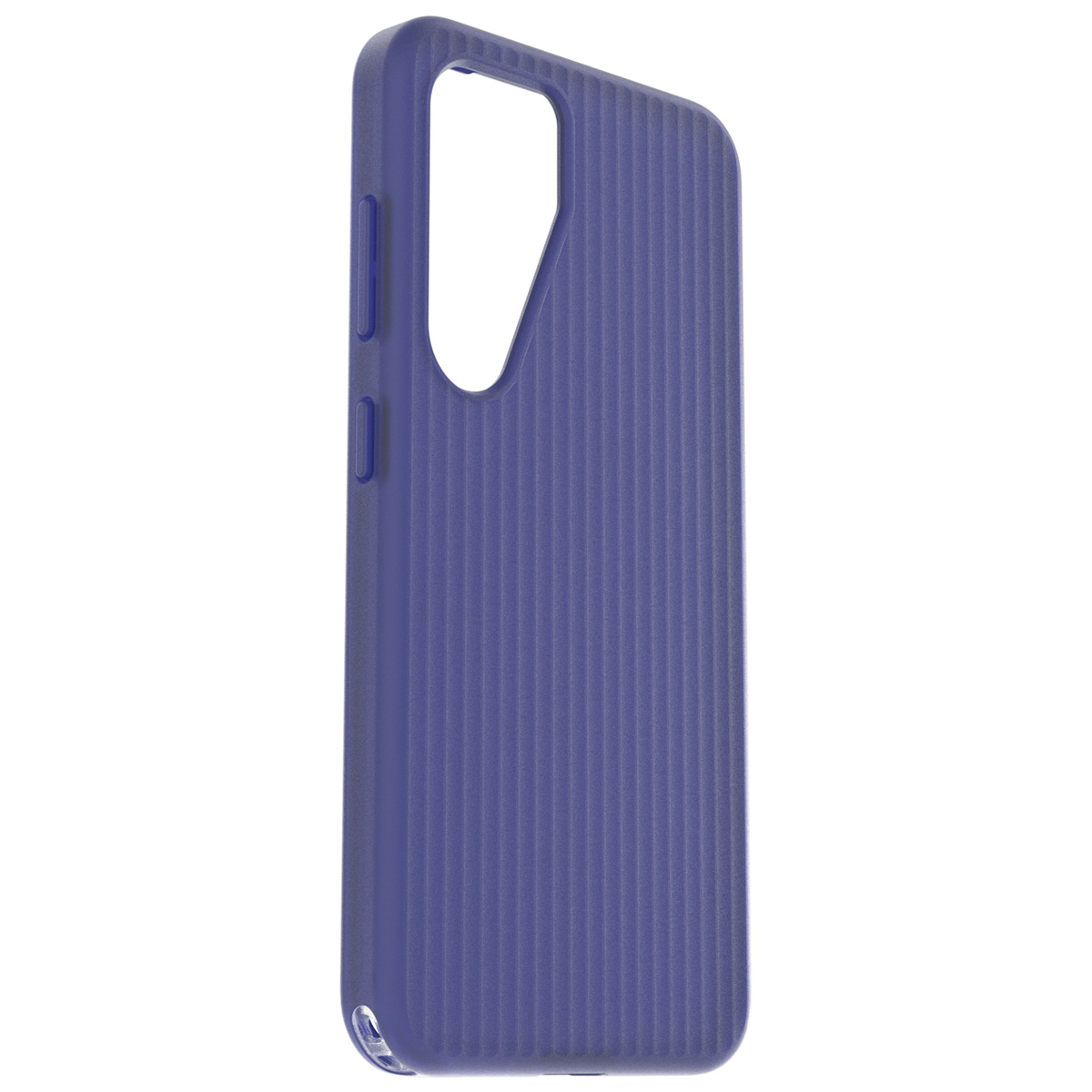 Blauw telefoonhoesje met een getextureerde achterkant en verhoogde knoppen. Het hoesje is schuin.