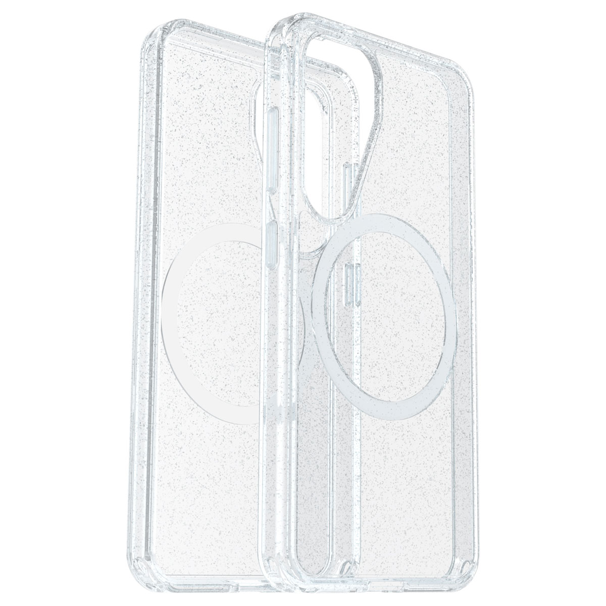 Twee transparante telefoonhoesjes met een cirkelvormig ontwerp, op een witte achtergrond.
