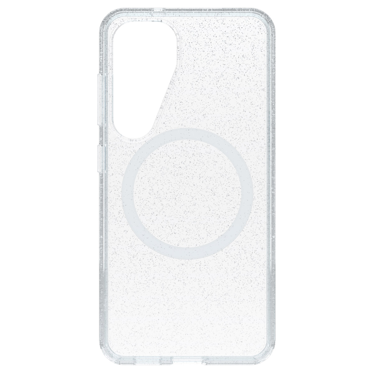 Transparante telefoonhoes met glitter design. Heeft een cirkel op de achterkant. De achtergrond is wit. Het heeft openingen voor de camera.