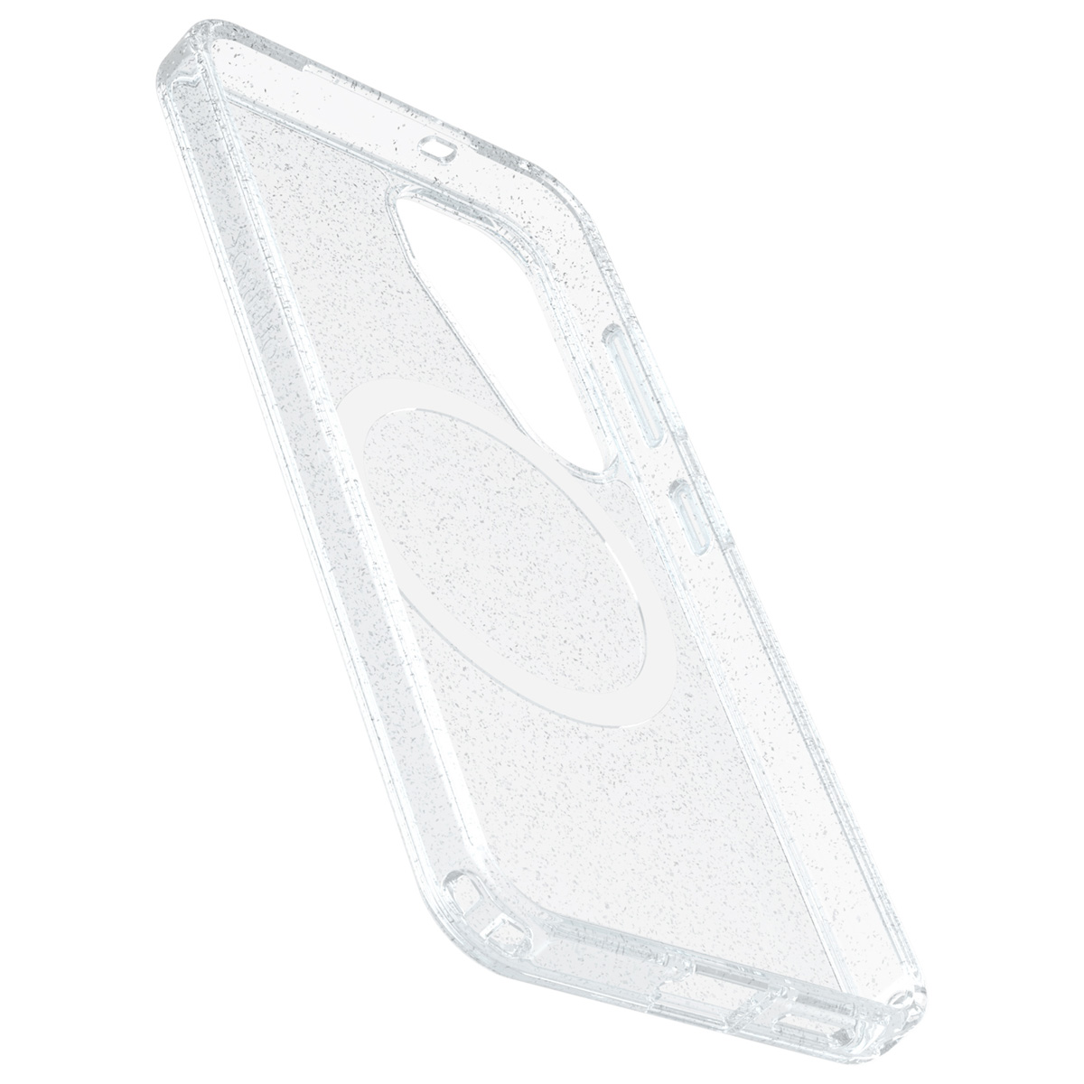 Transparante telefoonhoes met glitter. Hoes is schuin. De achtergrond is wit.