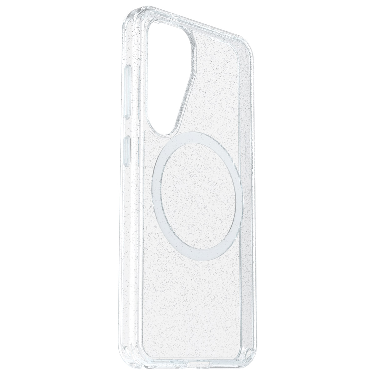 Transparante telefoonhoes met zilveren ring, glittereffect.