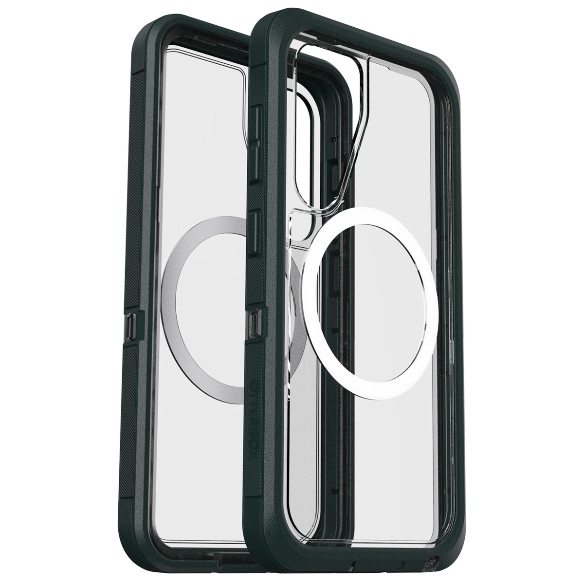 Twee telefoonhoesjes; transparant en donkergroen. Eén heeft een magnetische ring, de ander is leeg.