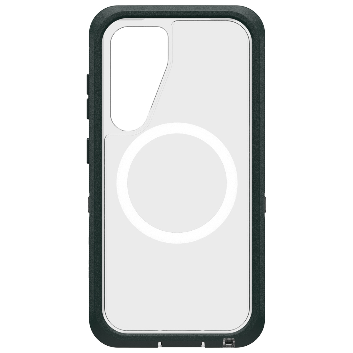 Telefoonhoesje met een witte ring en een zwart frame. De hoes heeft een doorzichtige achterkant.