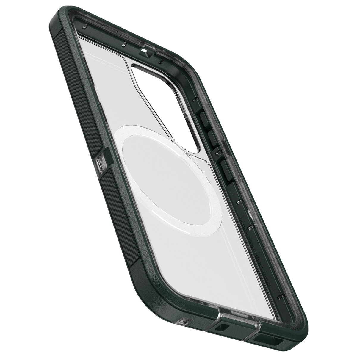 Donkergroene telefoonhoes op een telefoon. De hoes is transparant. Een witte cirkel staat in het midden.