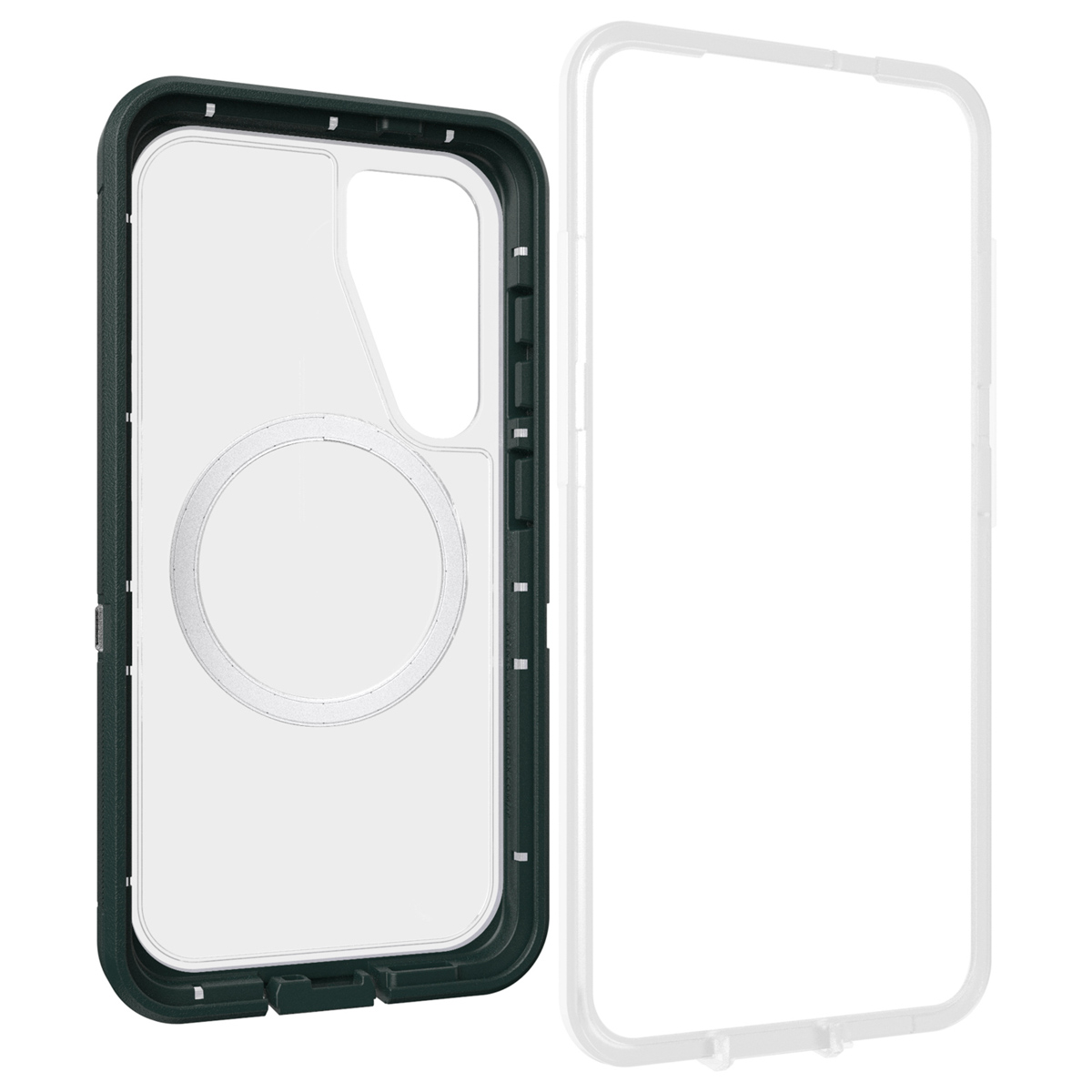 Een telefoonhoesje bestaande uit een donkergroen frame en een doorzichtige hoes, met een witte binnenste cirkel.
