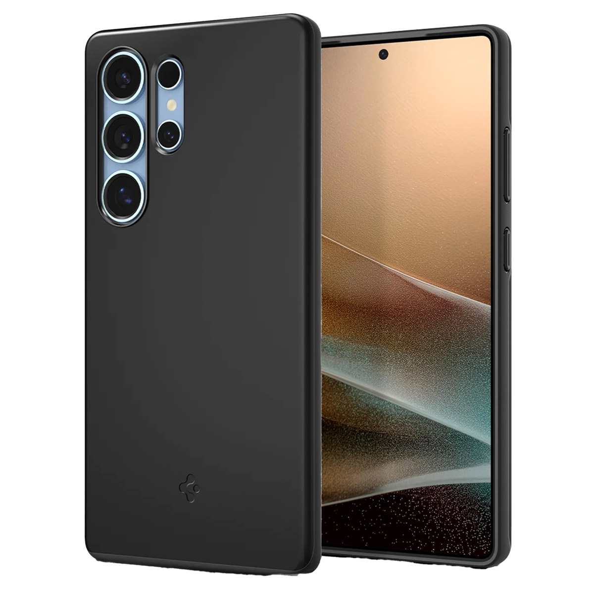 Téléphone noir avec coque noire, montrant la caméra et un logo.