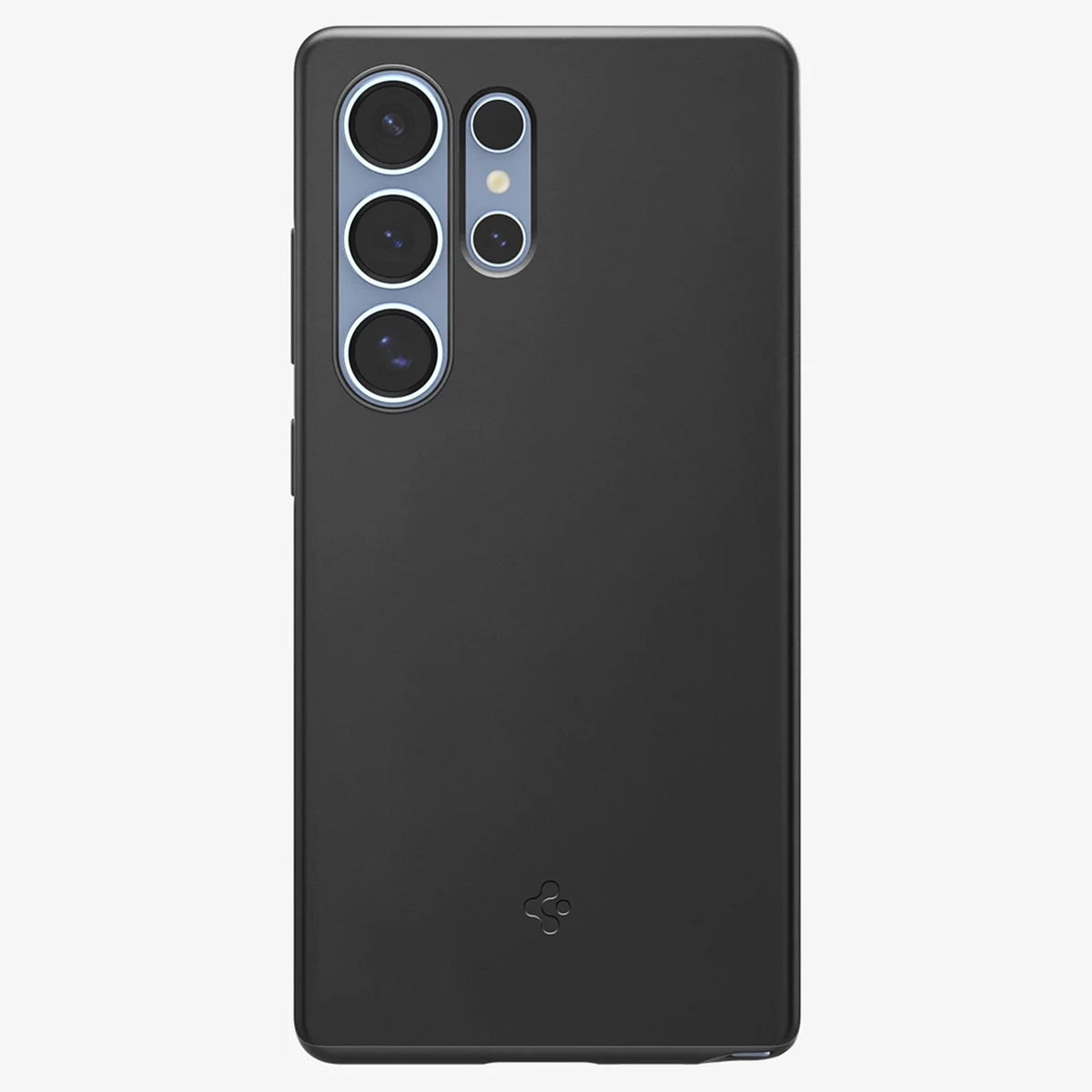Une coque de téléphone noire. La coque est inclinée, montrant l'arrière de la coque.